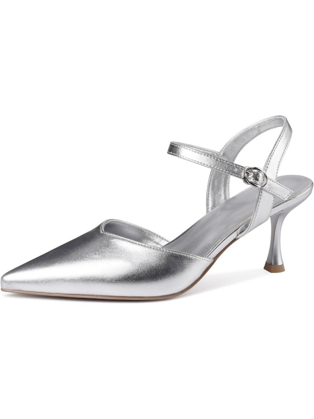 Women's Sliver Faux Leather Comfortable Ankle Strap Closed Toe Kitten Heel Pumps
